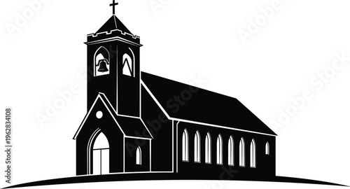 Black vector silhouette of a traditional christian church building with bell tower and cross for religious spiritual and community architectural concepts