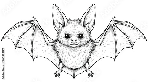 A cute cartoon bat with big eyes and outstretched wings flying solo freely