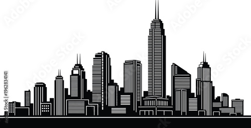 Modern urban city skyline vector illustration with black skyscraper silhouettes on white background for architectural travel and real estate branding