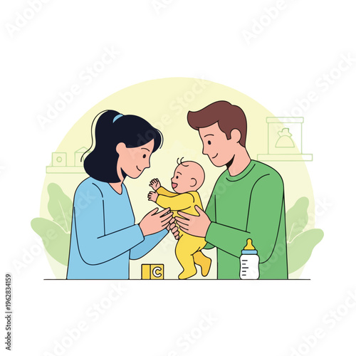 Illustration of a mother, father, and baby interacting happily, soft tones