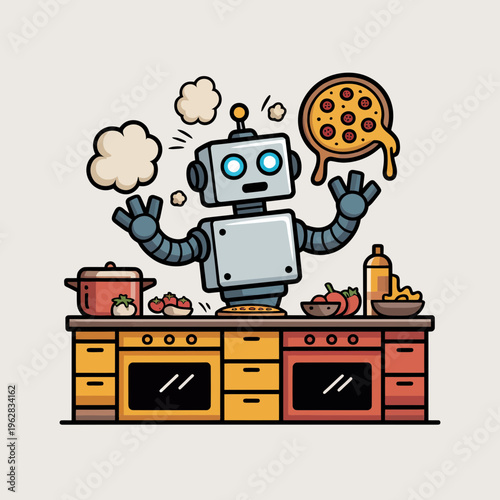 Cute cartoon robot preparing fresh pizza in a modern kitchen setting with steam rising from pots and vibrant culinary ingredients on the countertop for cooking concept