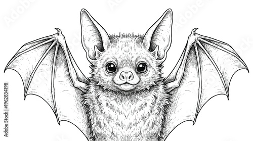 A cute illustration of a bat with big eyes and wings spread out