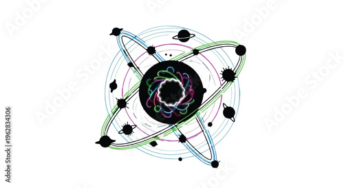 Cosmos illustration features a central black sphere surrounded by colorful orbiting rings and miniature planetary bodies to represent the vast complexity of our scientific solar system model.