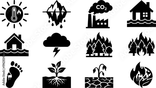 Climate Change Icons. Outline icon set of climate change and severe weather: melting glacier, rising sea
