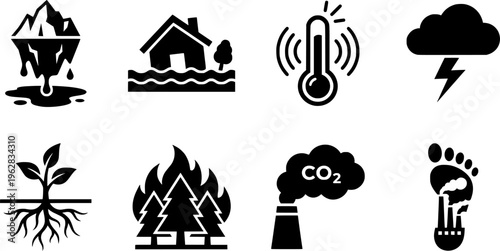 Climate Change Icons. Outline icon set of climate change and severe weather: melting glacier, rising sea
