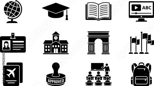 International Education Icons. Outline icon set of international education: world globe, student hat, open
