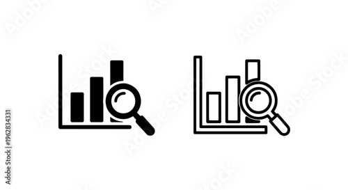 Bar chart data analysis icon set with magnifying glass for business growth