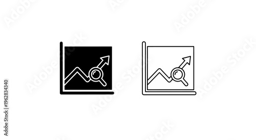 Line graph analysis icon set with magnifying glass for market research and growth