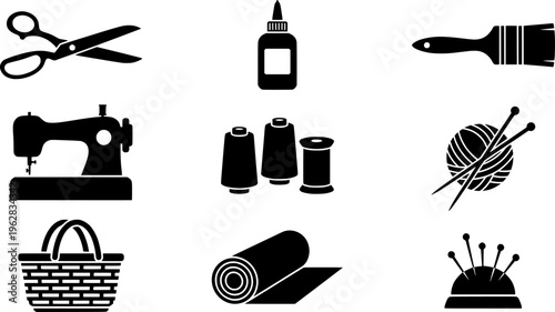 Handicraft Icons Grid. Handicrafts. Filled icon set of Handicrafts: scissors, glue, yarn ball, knitting
