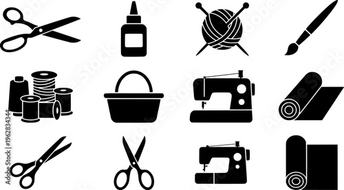 Handicraft Icons Grid. Handicrafts. Filled icon set of Handicrafts: scissors, glue, yarn ball, knitting
