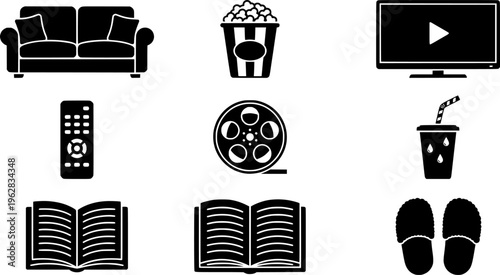 Family Movie Night Icons. Family movie night at home. Filled icon set of Family movie night at home: couch,
