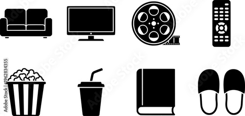 Family Movie Night Icons. Family movie night at home. Filled icon set of Family movie night at home: couch,
