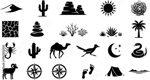 Desert Garden Icons. Outline icon set of Desert-themed garden elements: sand dune, cactus, rock pile, sun icon
