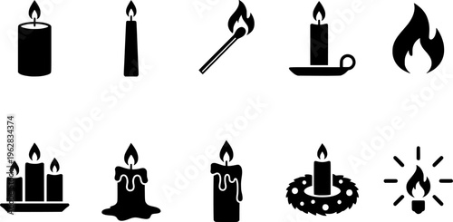 Holiday Candle Icons. Outline icon set of lighting candles at a holiday table: taper candle, matchstick,

