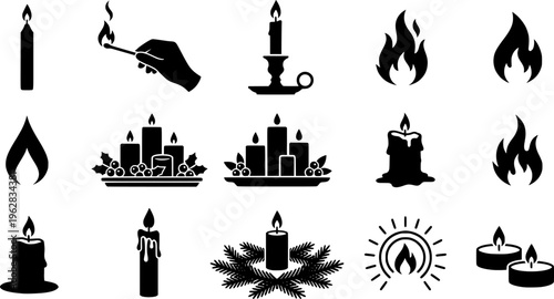 Holiday Candle Icons. Outline icon set of lighting candles at a holiday table: taper candle, matchstick,

