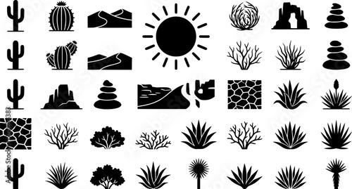Desert Garden Icons. Outline icon set of Desert-themed garden elements: sand dune, cactus, rock pile, sun icon
