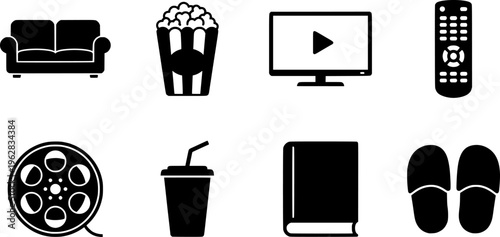 Family Movie Night Icons. Family movie night at home. Filled icon set of Family movie night at home: couch,
