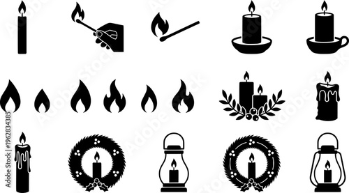 Holiday Candle Icons. Outline icon set of lighting candles at a holiday table: taper candle, matchstick,
