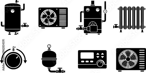 Heating Systems Icons. Heating systems. Filled icon set of Heating systems: boiler, heat pump, solar water
