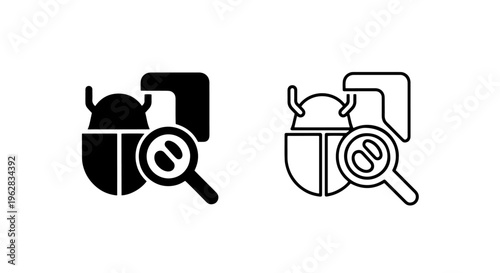 Bug detection icon set with magnifying glass for software debugging and diagnosis