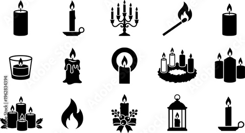Holiday Candle Icons. Outline icon set of lighting candles at a holiday table: taper candle, matchstick,
