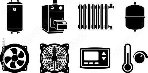 Heating Systems Icons. Heating systems. Filled icon set of Heating systems: boiler, heat pump, solar water
