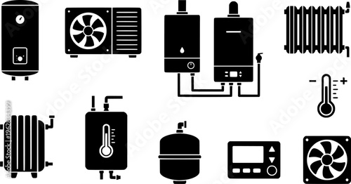 Heating Systems Icons. Heating systems. Filled icon set of Heating systems: boiler, heat pump, solar water
