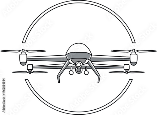 Minimalist line art icon depicting a modern quadcopter drone aircraft hovering inside a circular tracking or scanning graphic frame