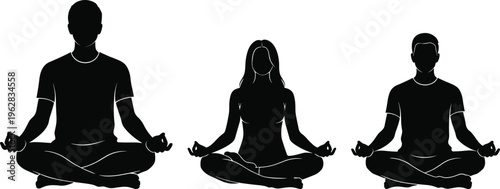 Black Yoga Silhouette Collection Featuring Men And Woman Sitting In Lotus Position For Meditation Mindfulness Wellness And Zen Lifestyle Graphic Design