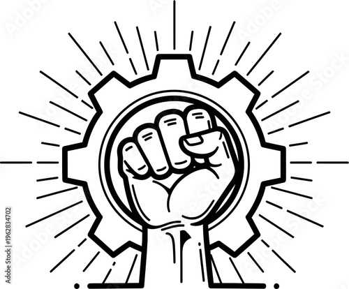 Stylized black and white graphic design featuring a raised, clenched fist centered within a mechanical gear symbol surrounded by radiating light lines.