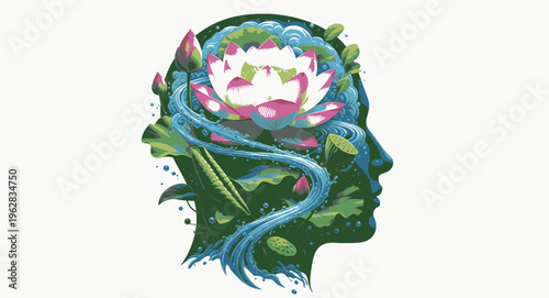 High-quality wellness brain garden and lotus flower concept, tranquil meditation icon, "Created with AI assistance and manually refined."