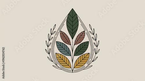 Colorful leaves in a teardrop shaped logo with laurel wreath on beige background