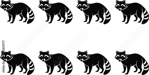 Collection of black raccoon silhouettes, showcasing the distinctive striped tail and masked face of the nocturnal mammal, isolated on white.