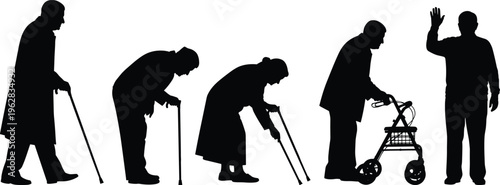 Elderly People Silhouette Set Featuring Senior Citizens With Walking Sticks And Rollator Walker For Geriatric Care Healthcare And Aging Concept Design