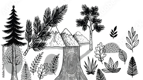 black and white illustration of trees and mountains with leaves and a tree stump in the foreground