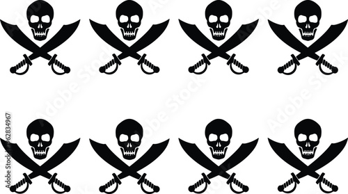 Eight black pirate skull and crossbones symbols with sabers, evoking themes of danger, adventure, and maritime history, isolated on white.