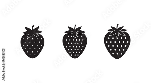 Strawberry icons set with three black strawberries and white seeds and leaves on white background