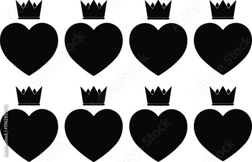 Eight black heart shapes adorned with small crowns, symbolizing love, royalty, and a royal decree, presented as a repeating pattern on a white background.