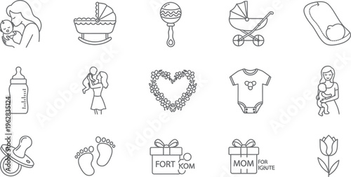 A comprehensive set of adorable line art icons representing various aspects of baby care, motherhood, and newborn essentials, perfect for maternity and parental themes.