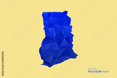 Ghana Map - Low poly polygon map in deep blue gradient on soft beige background, modern minimal geometric design, clean abstract vector illustration with faceted triangulated style.