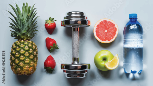 Fresh fruit and healthy fitness equipment on gray background