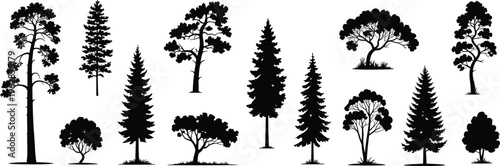 Black Tree Silhouette Vector Set, Isolated Pine Fir Spruce and Oak Forest Collection for Nature Landscape Design and Woodland Illustrations
