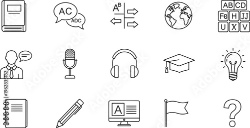 Collection of black line icons representing various educational concepts including language learning and academic achievement tools.