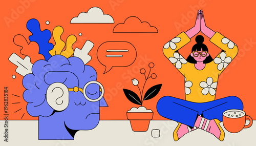 Flat vector illustration of mental health with brain, stress relief, meditation.