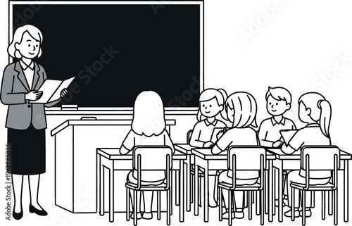 Professional female teacher standing by the blackboard instructing students seated at desks during a simple classroom lesson illustration.
