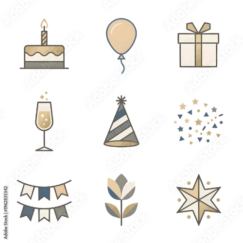 北欧風の洗練された誕生日アイコン9種セット 白背景に孤立したミニマルなセレブレーションと記念日のイラスト 高品質なデザイン素材