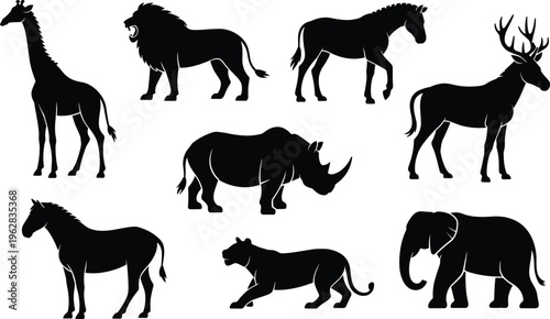Black Wild Animal Silhouette Vector Set, Isolated Safari and Forest Creature Collection with Lion Elephant Giraffe Rhino and Horse Graphics