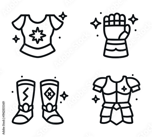 Outlined fantasy armor set with chestplate, gauntlet, boots, and shoulder armor