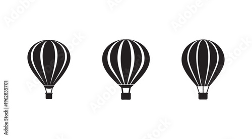 Three black and white hot air balloons with stripes on white background  travel and transportation icons