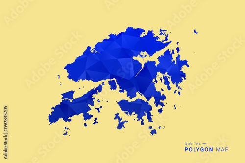 Hong Kong Map - Low poly polygon map in deep blue gradient on soft beige background, modern minimal geometric design, clean abstract vector illustration with faceted triangulated style.